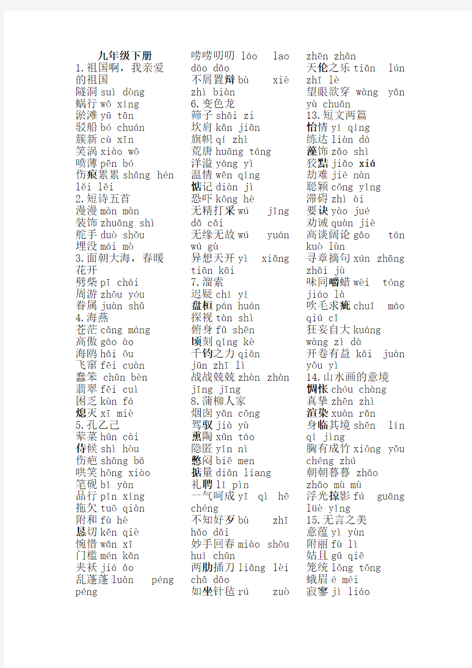 部编版语文九年级下册生字词注音整理