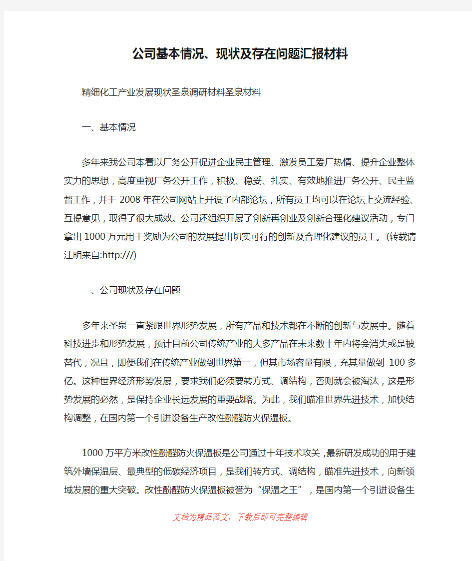 公司基本情况、现状及存在问题汇报材料(精品范文).doc