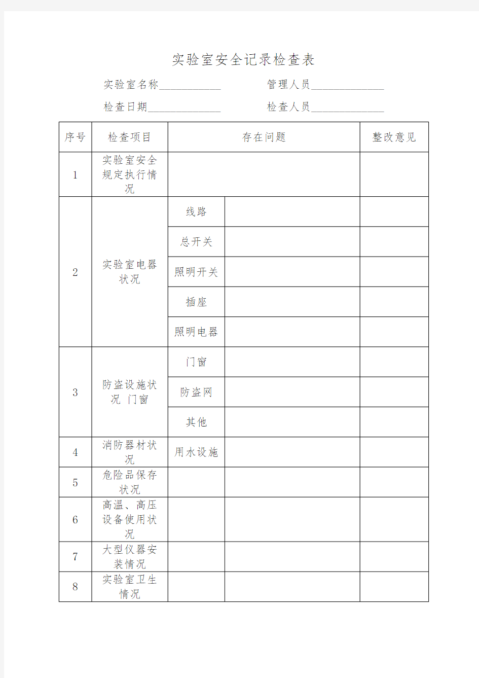 实验室安全记录检查表