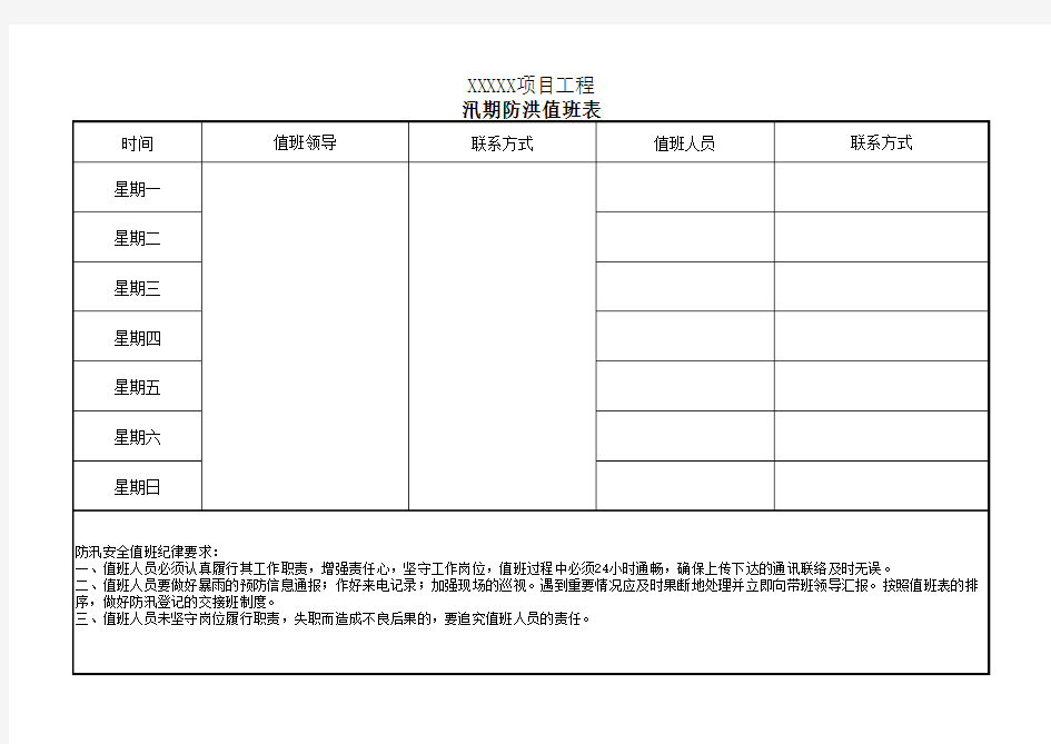 防汛值班表、