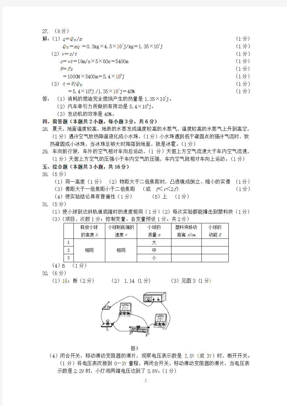 2018大连市中考物理(一模) 答案