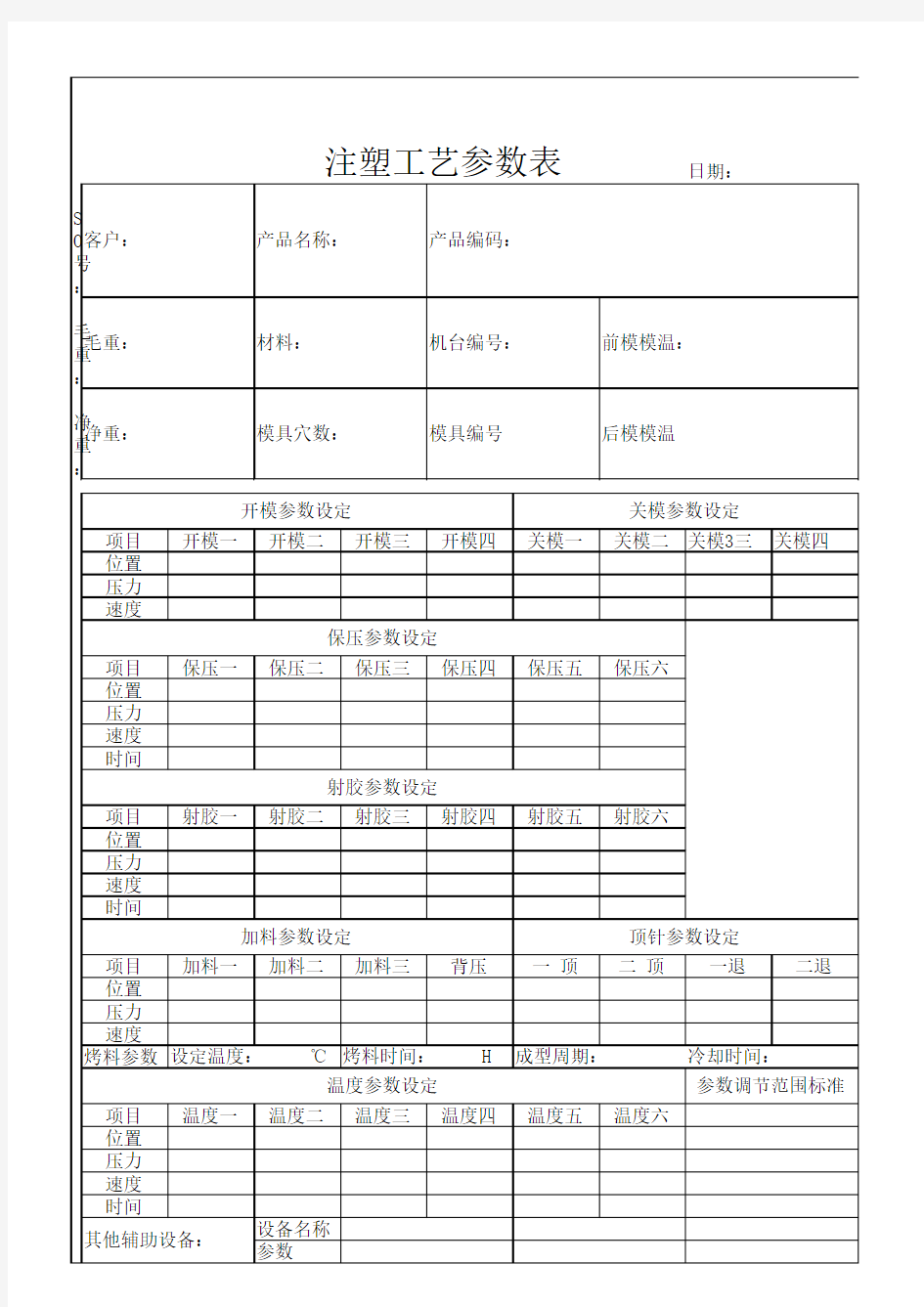 注塑成型工艺参数表