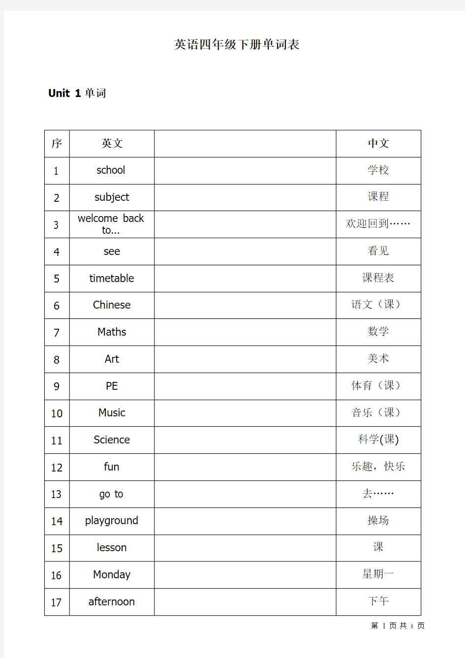 (word完整版)苏教版四年级下册英语单词表