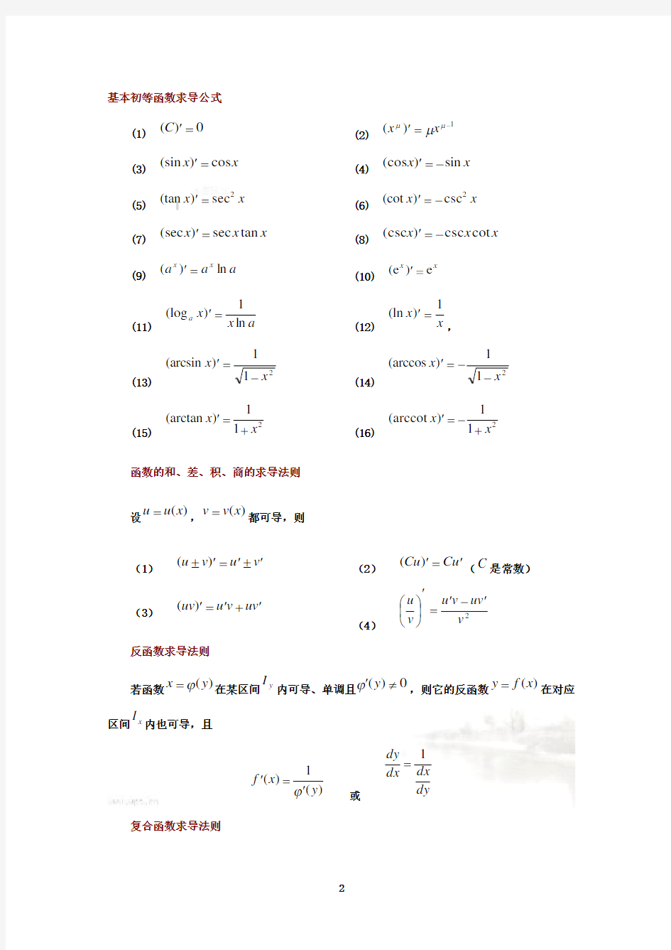 基本函数求导公式