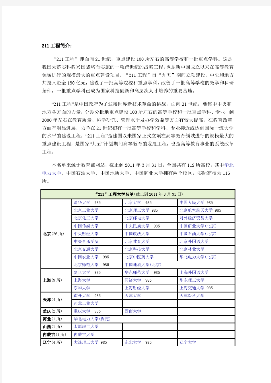 中国211和985大学名单大全.