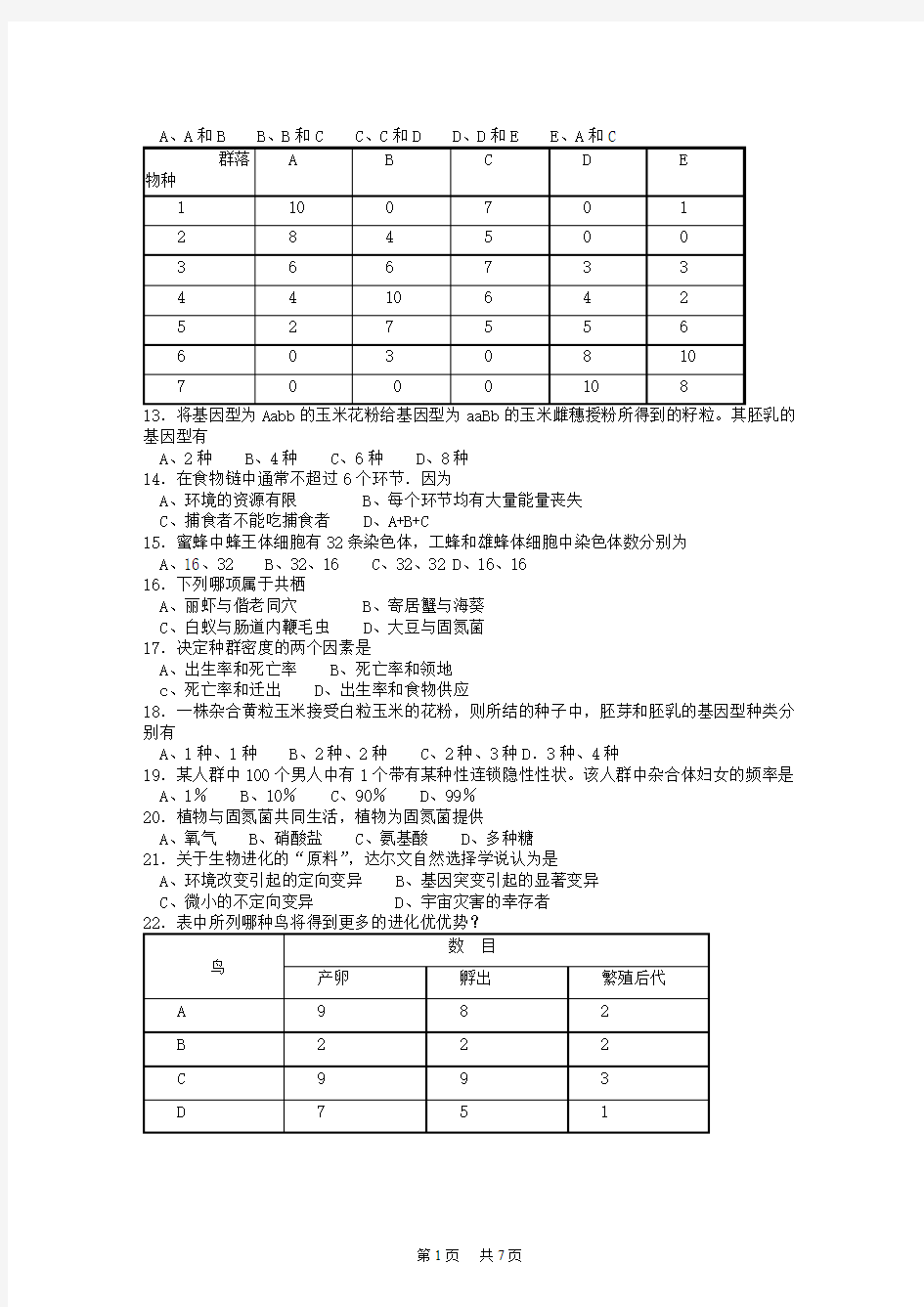 高中生物学竞赛试题卷试题卷