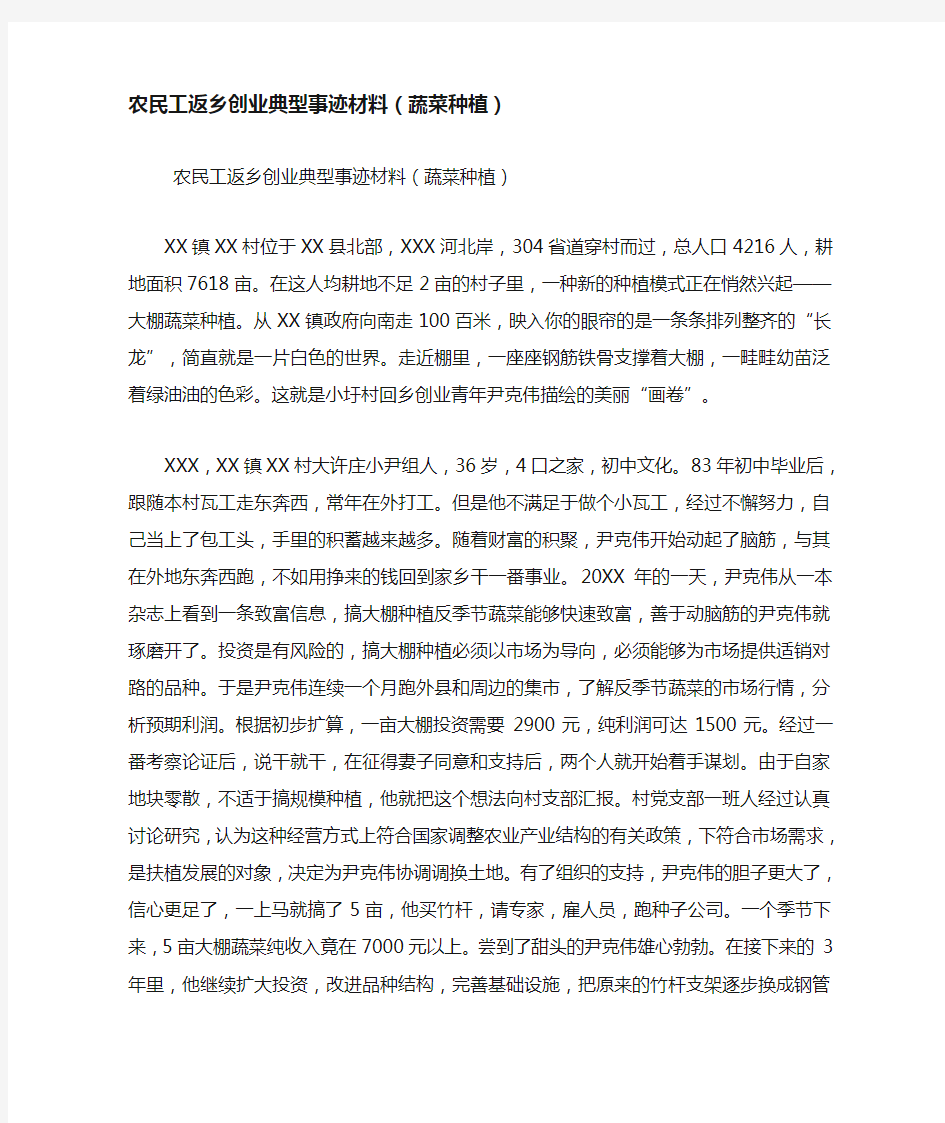 农民工返乡创业典型事迹材料(蔬菜种植)