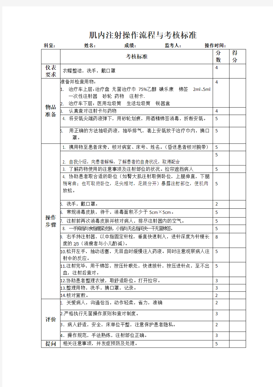 肌内注射操作流程与考核标准