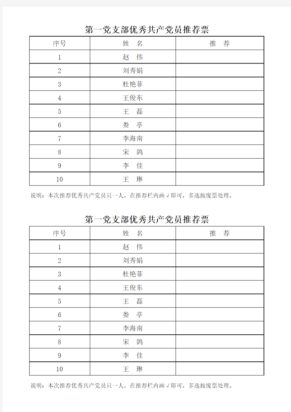 第一党支部优秀党员推荐表