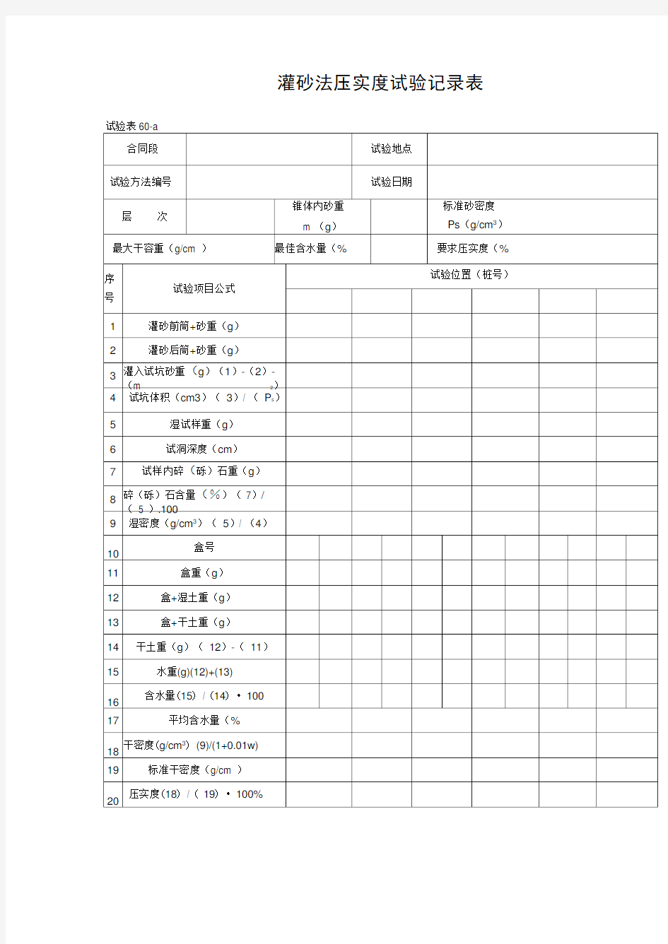 灌砂法压实度试验记录表