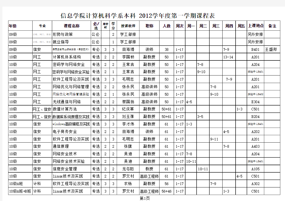 中山大学计算机科学系2012学年度第一学期课程表(确定)