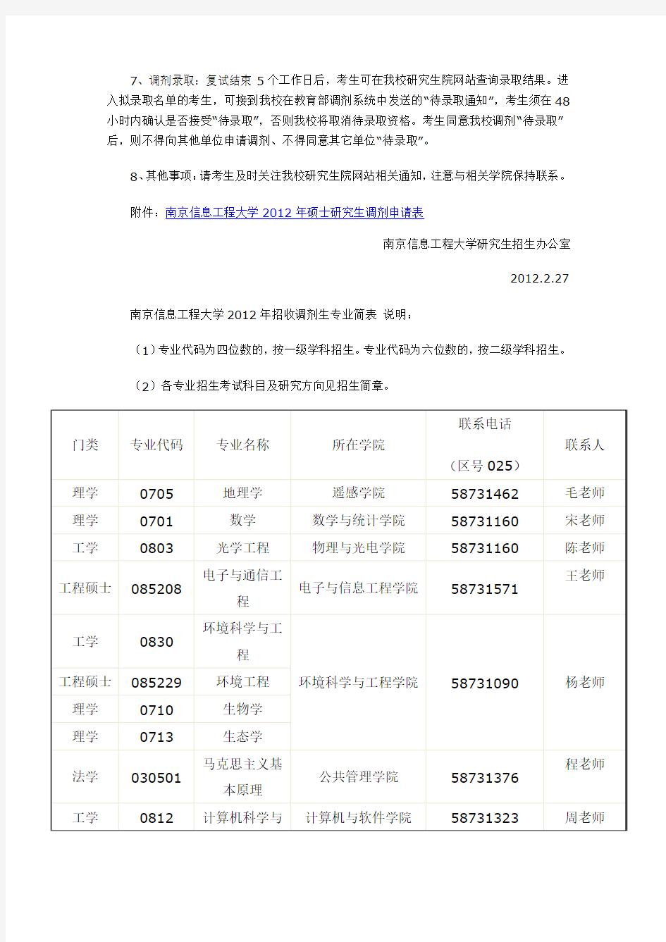 南京信息工程大学2012年硕士研究生调剂信息