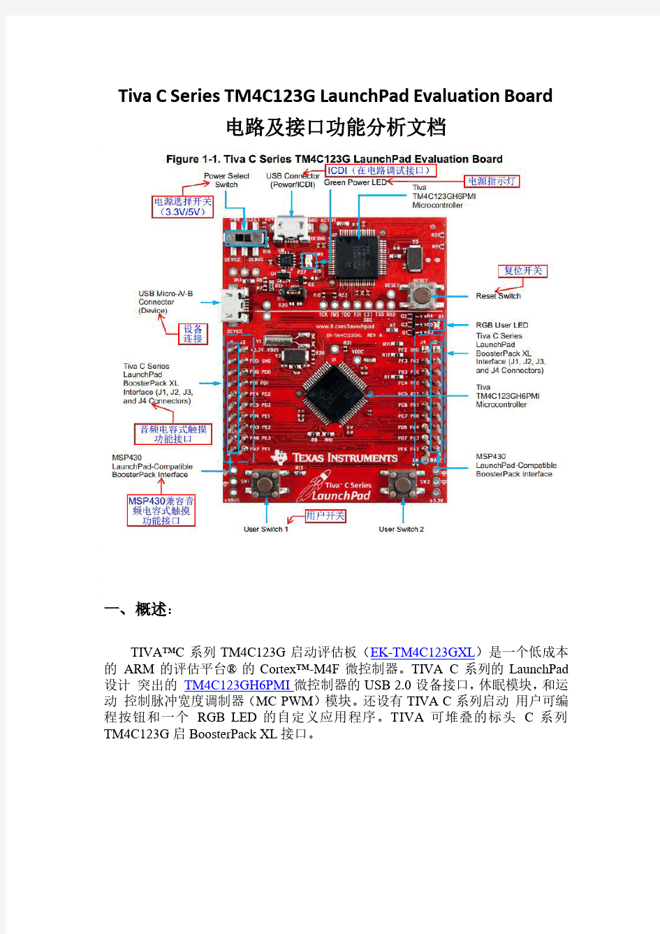 TI TM4C123G LaunchPad 电路及接口功能分析文档