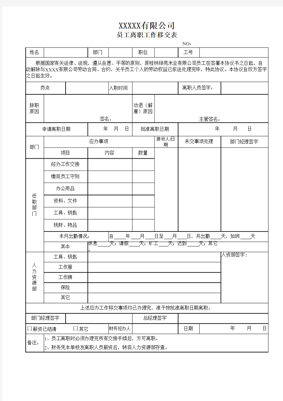 员工离职工作移交表