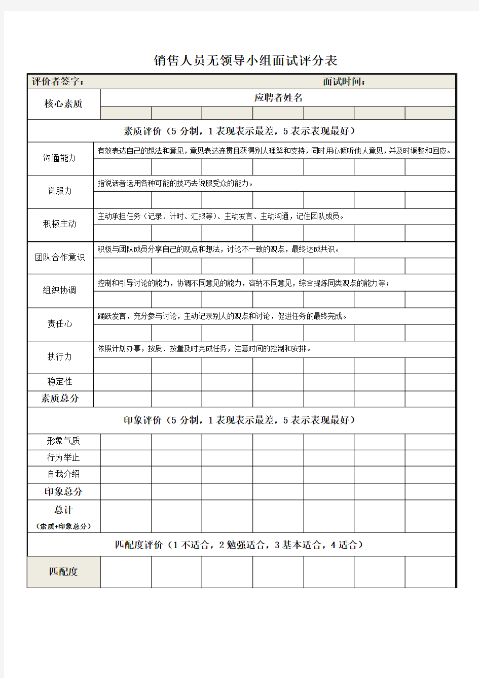 无领导小组面试评分表