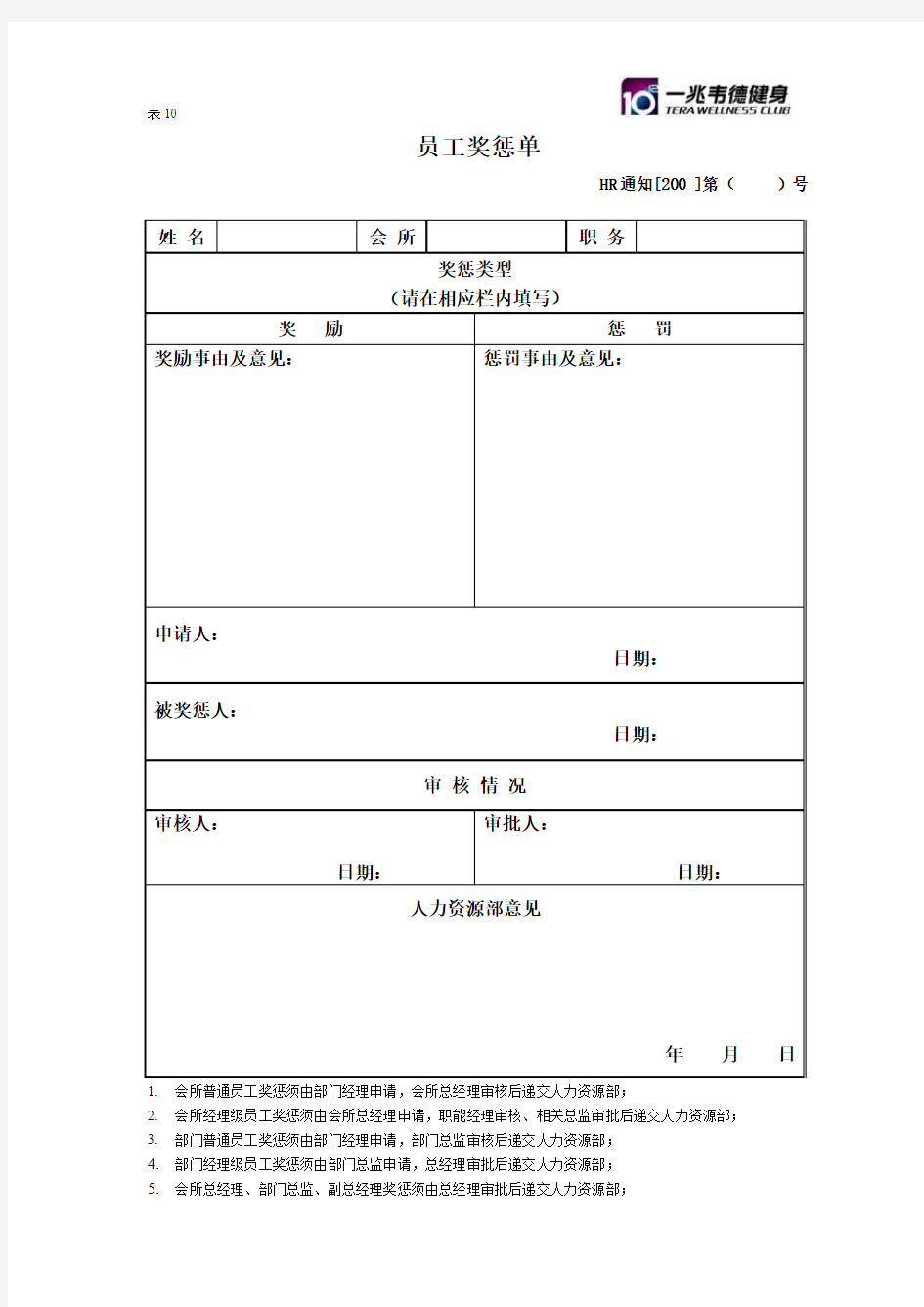 表10-员工奖惩单