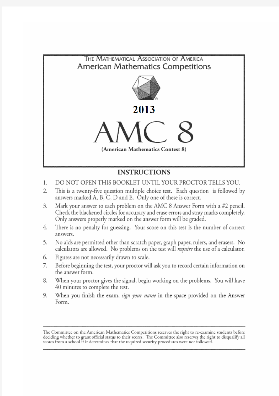 AMC8 2013 美国数学竞赛真题答案