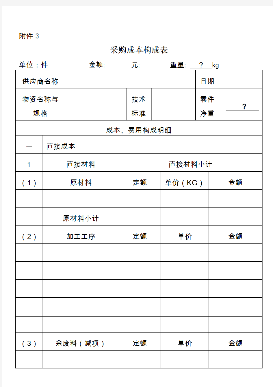 采购报价单及成本分析表空白表