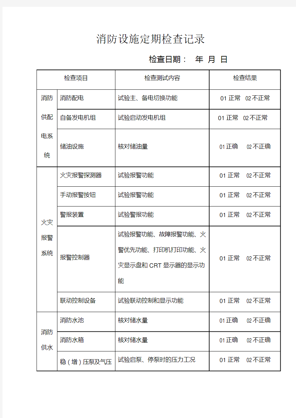 消防设施定期检查记录