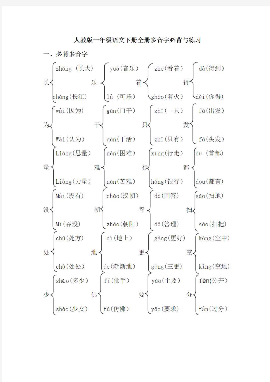 人教版2013年春季学期一年级语文下册全册多音字必背与练习