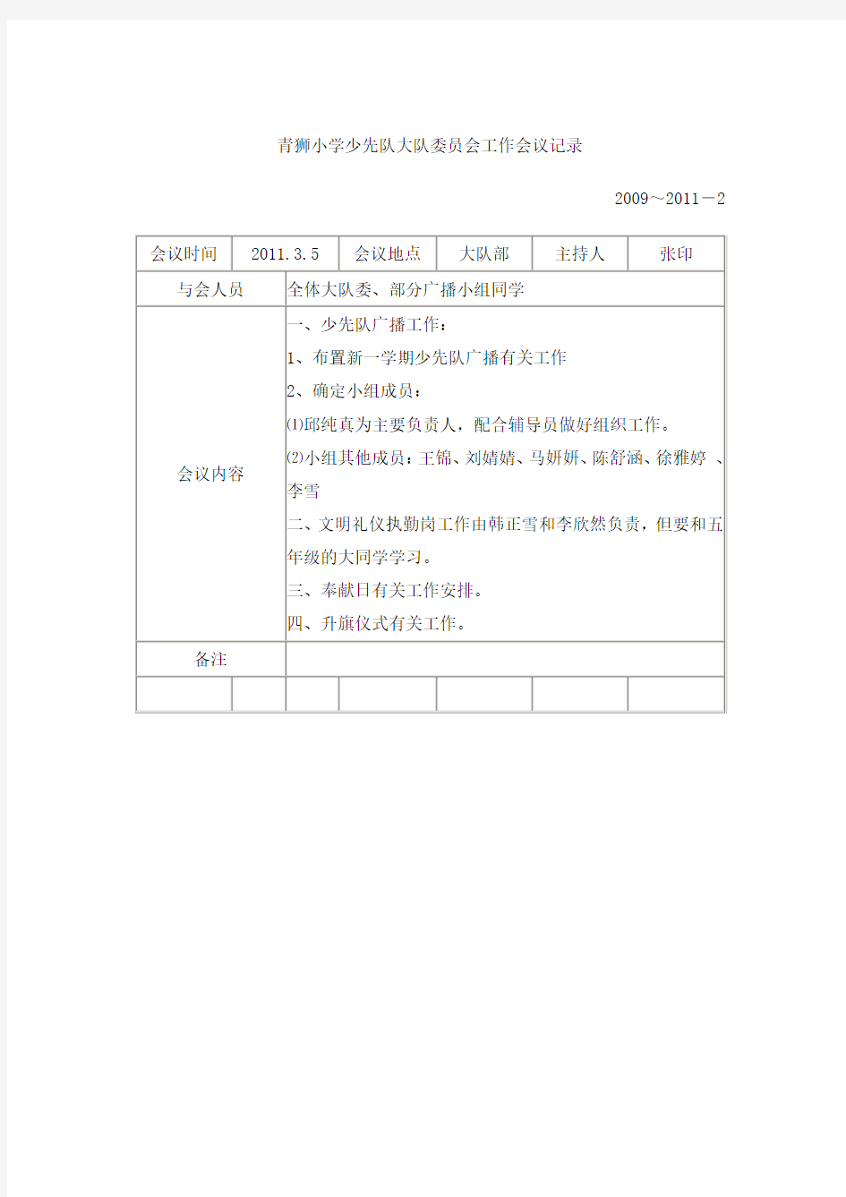 少先队大队委员会工作会议记录