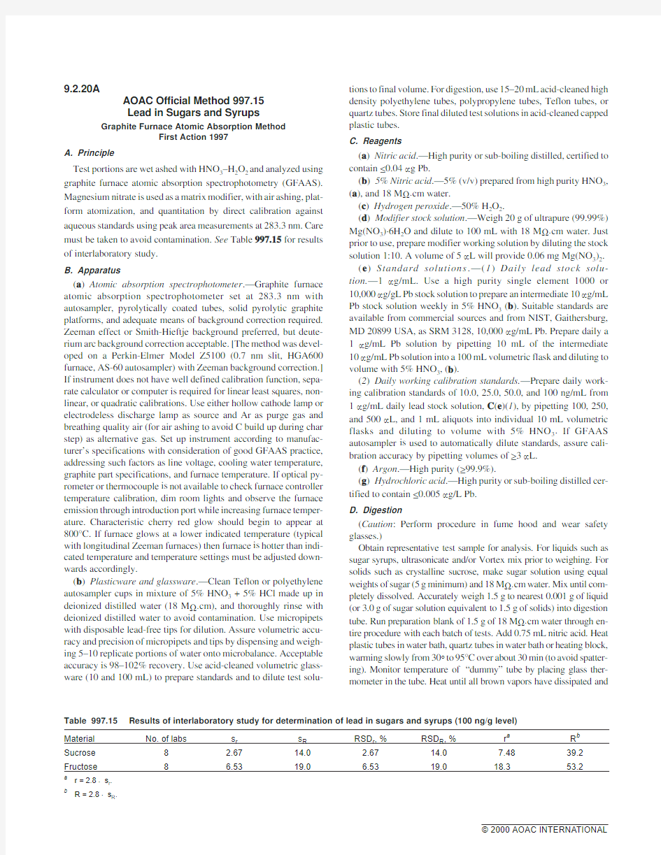 AOAC Official Method 997.15 Lead in Sugars and Syrups