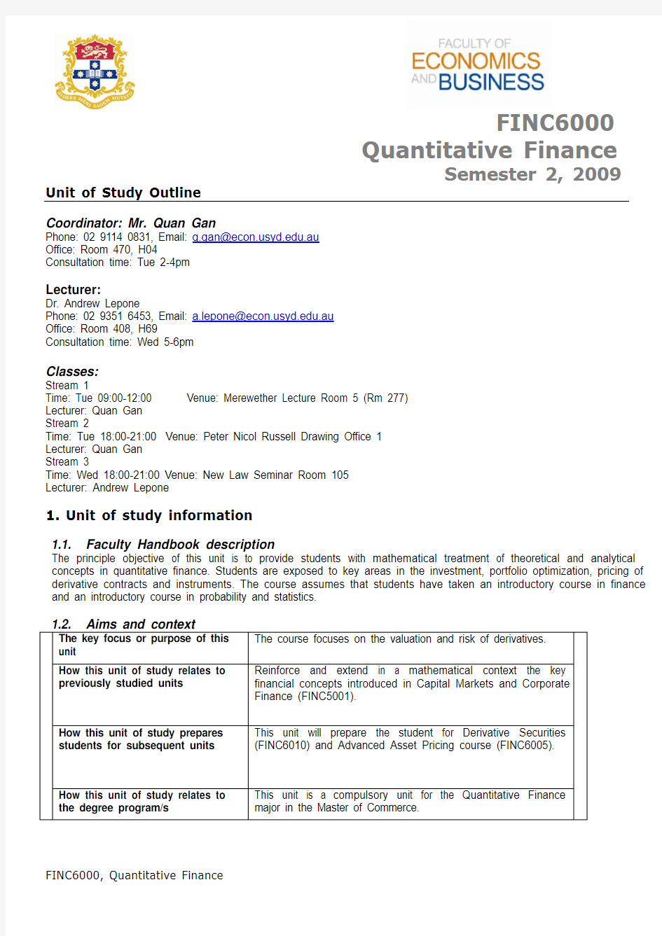 FINC6000_Quantitative Finance_2009 Semester 2_UOS_Outline_FINC6000_S2_20091