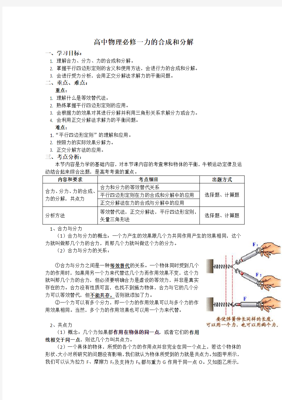 高中物理必修一力的分解和合成