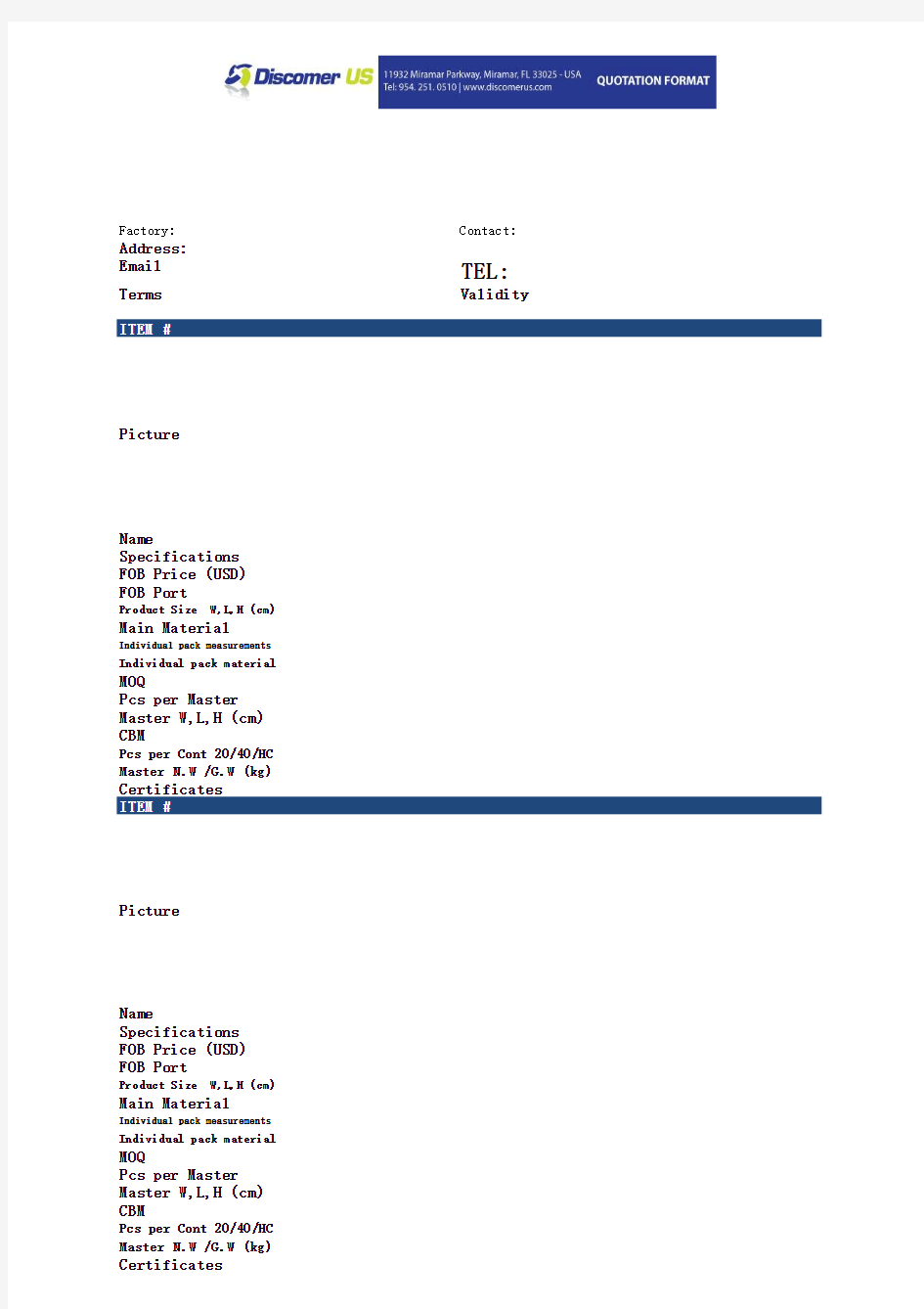 DISCOMER US  quotation format - vendors