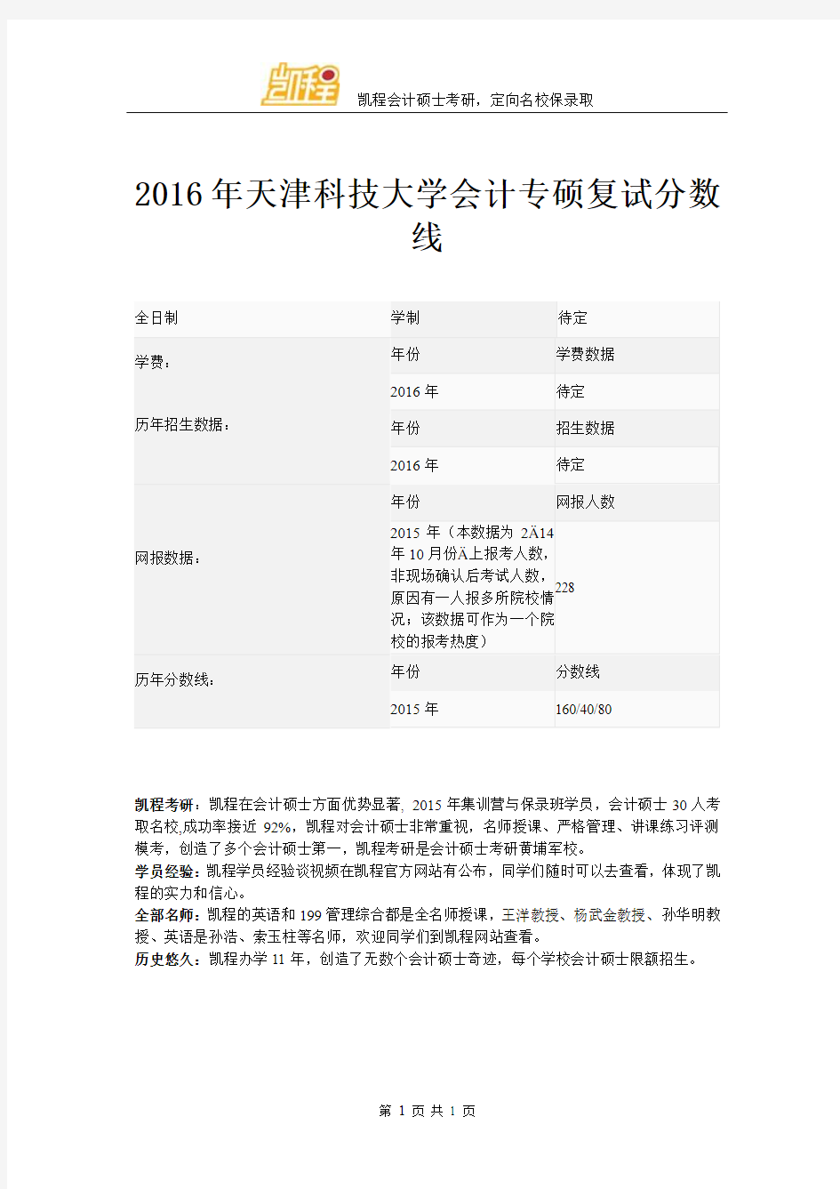 2016年天津科技大学会计专硕复试分数线