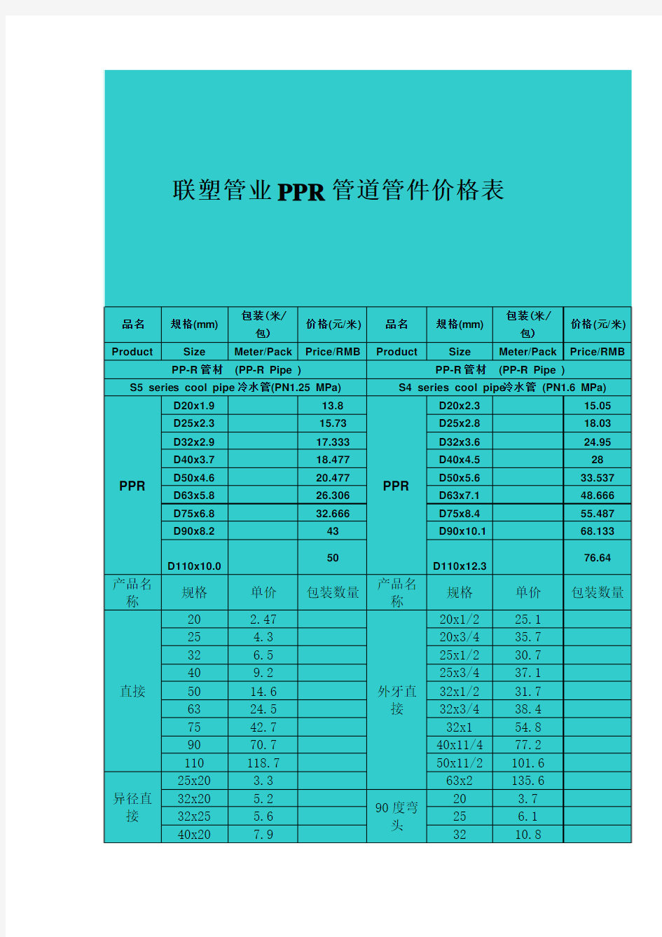 联塑管业PPR管道管件价格表