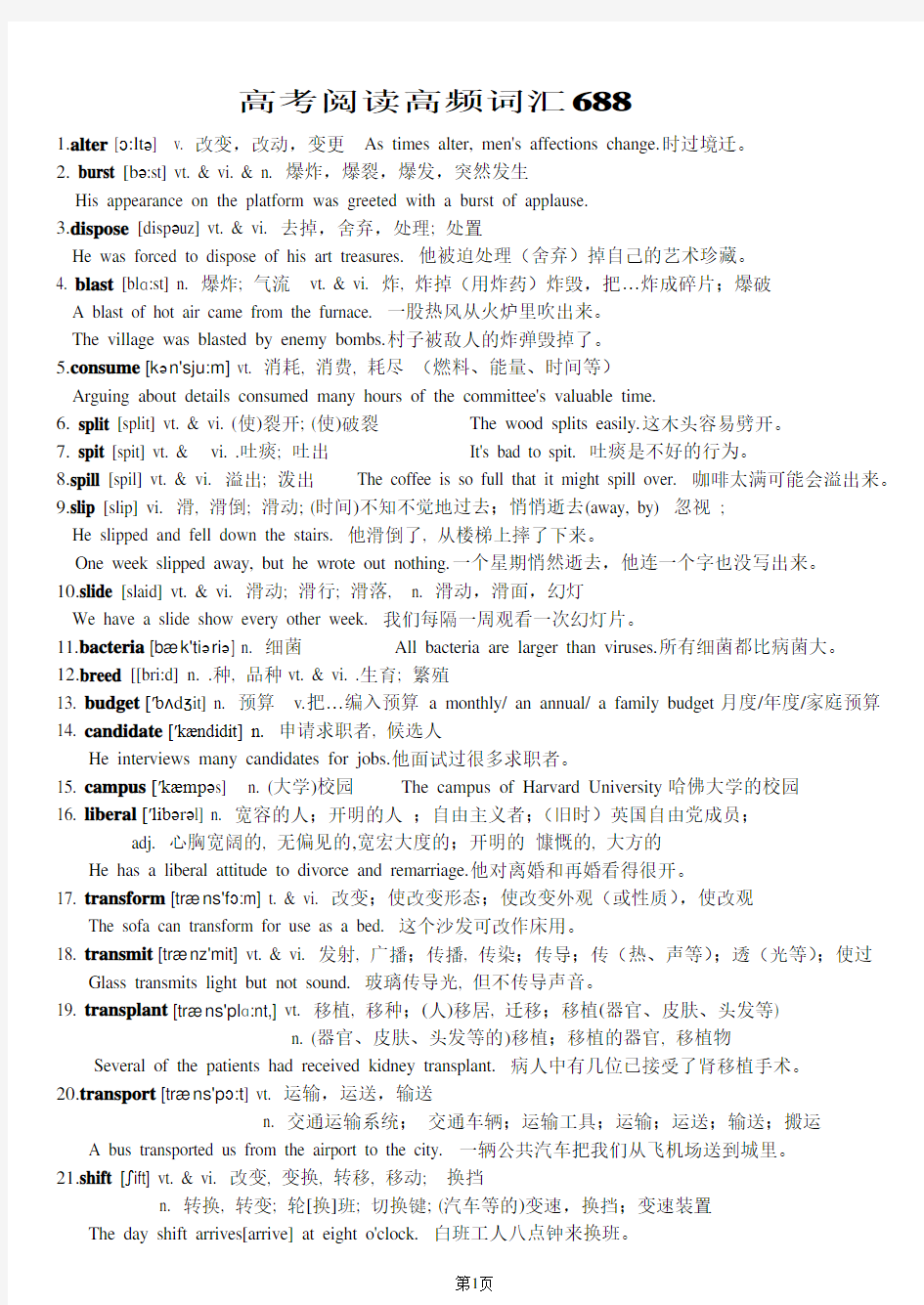 高考阅读高频词汇688个(含精选例句)