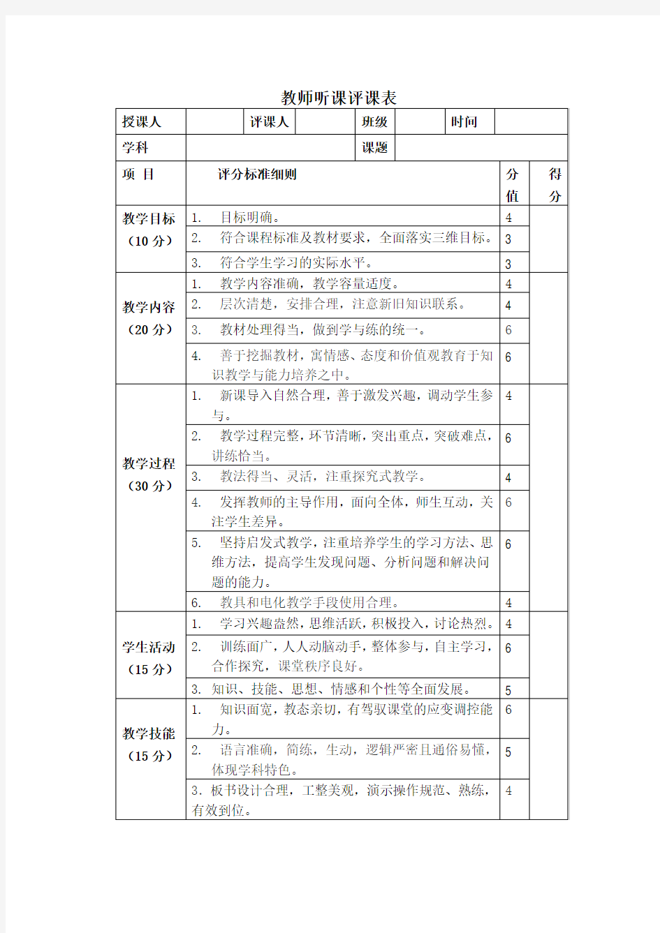 教师听课评课表