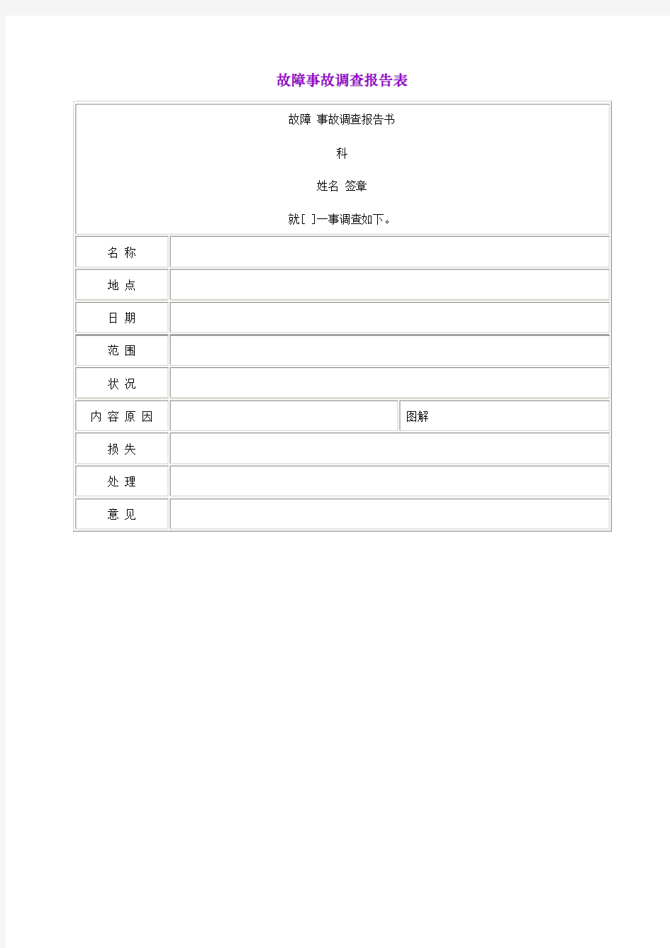 故障事故调查报告表表格范文格式