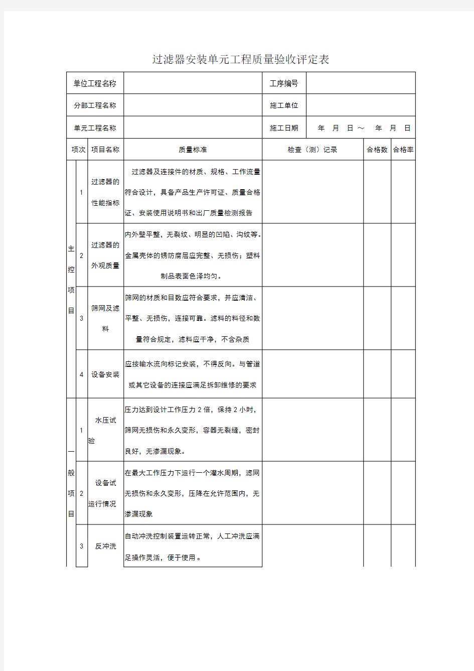 过滤器安装单元工程质量验收评定表