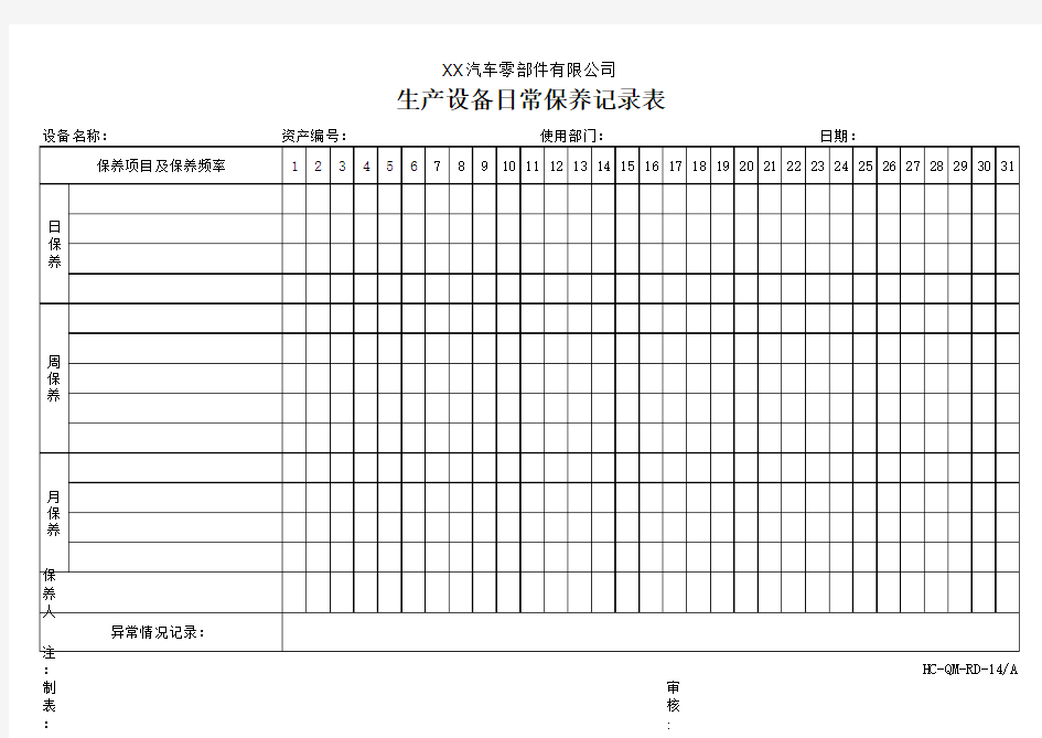 生产设备日常保养记录表