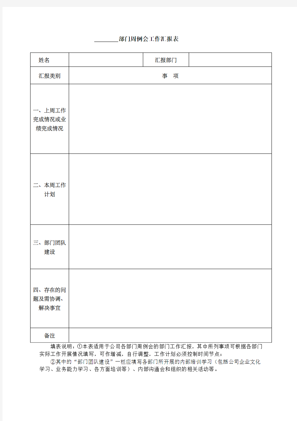 部门周例会工作汇报表 