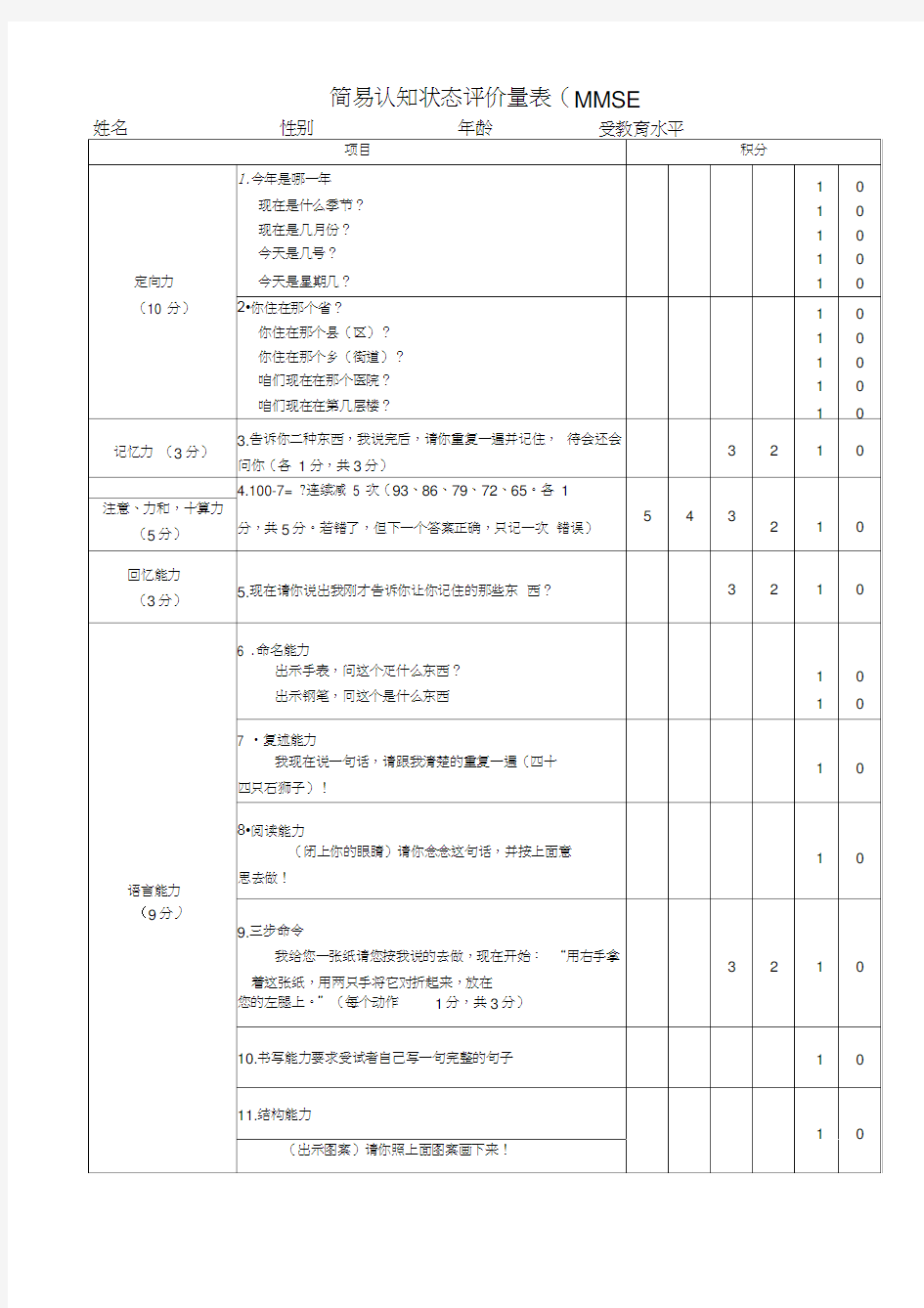 认知状态评价量表(MMSE量表)