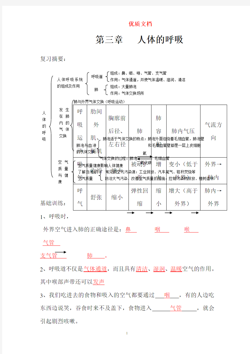 《人体的呼吸》练习及答案  参赛 最新