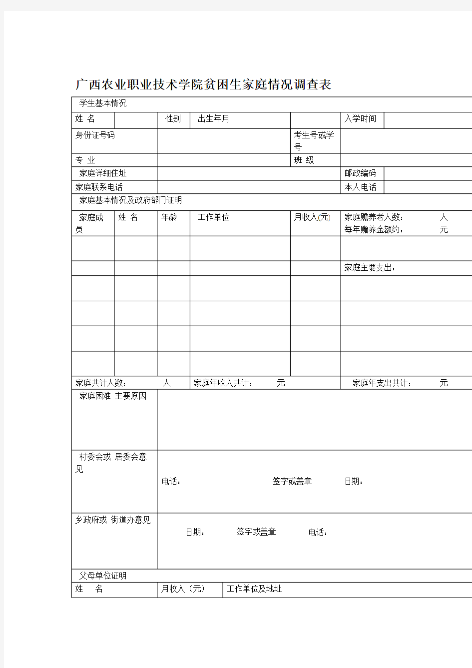 1 贫困生家庭情况调查表