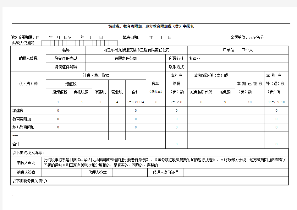 城建税(附加税费)申报表