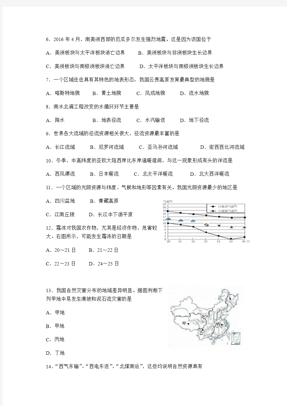 2016年上海地理等级考试卷