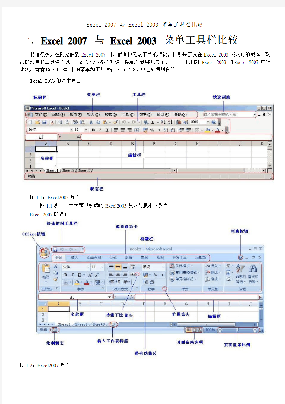 Excel 2007 与 Excel 2003 菜单工具栏比较