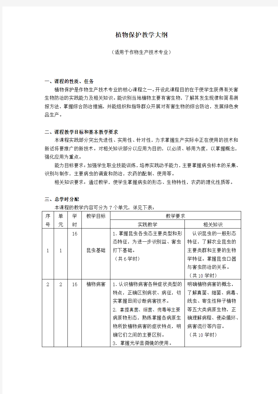 植物保护教学大纲