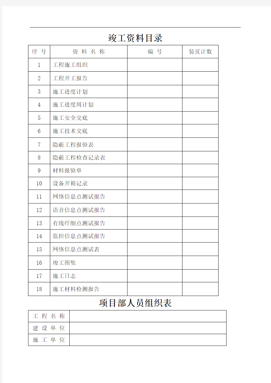 综合布线施工计划完整版各种表格