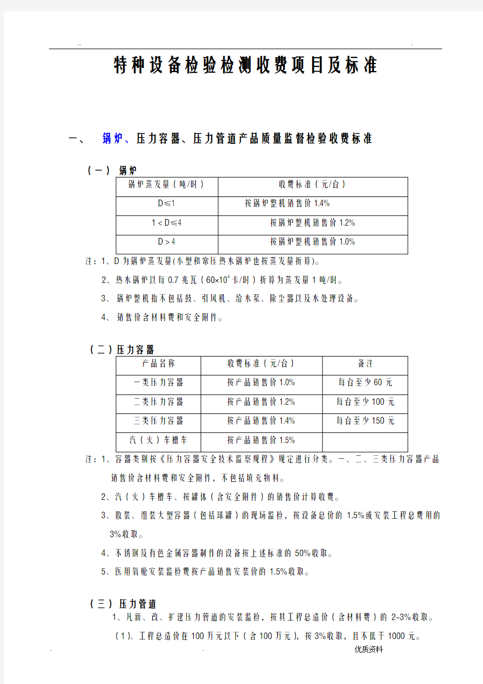 特种设备检验检测收费项目及标准