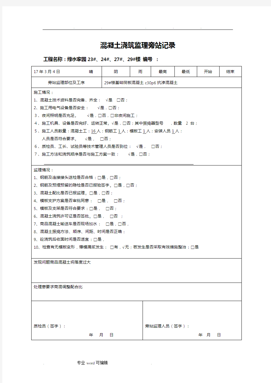 混凝土浇筑监理旁站记录(完整)