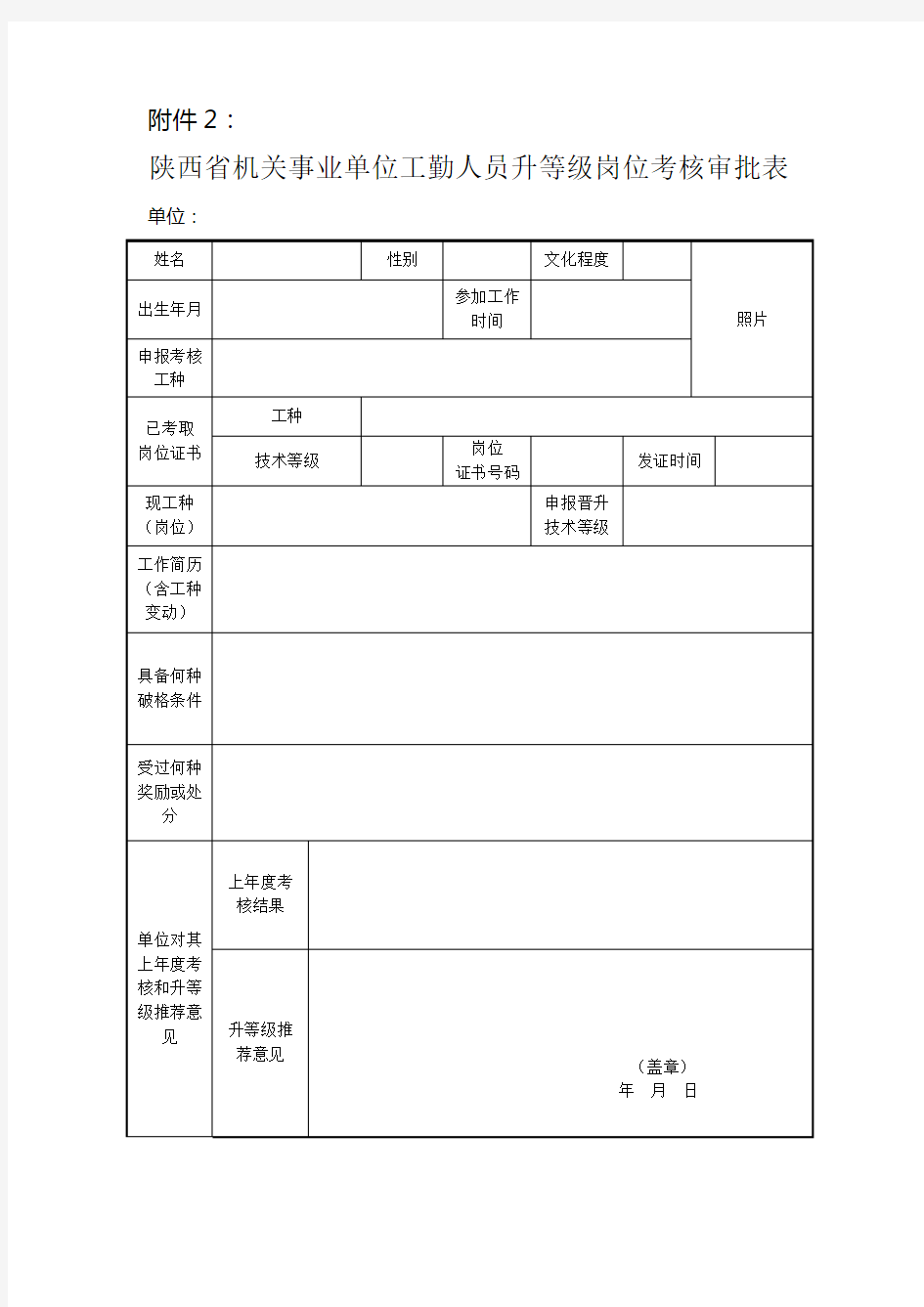 陕西省机关事业单位工勤人员升等级岗位考核审批表