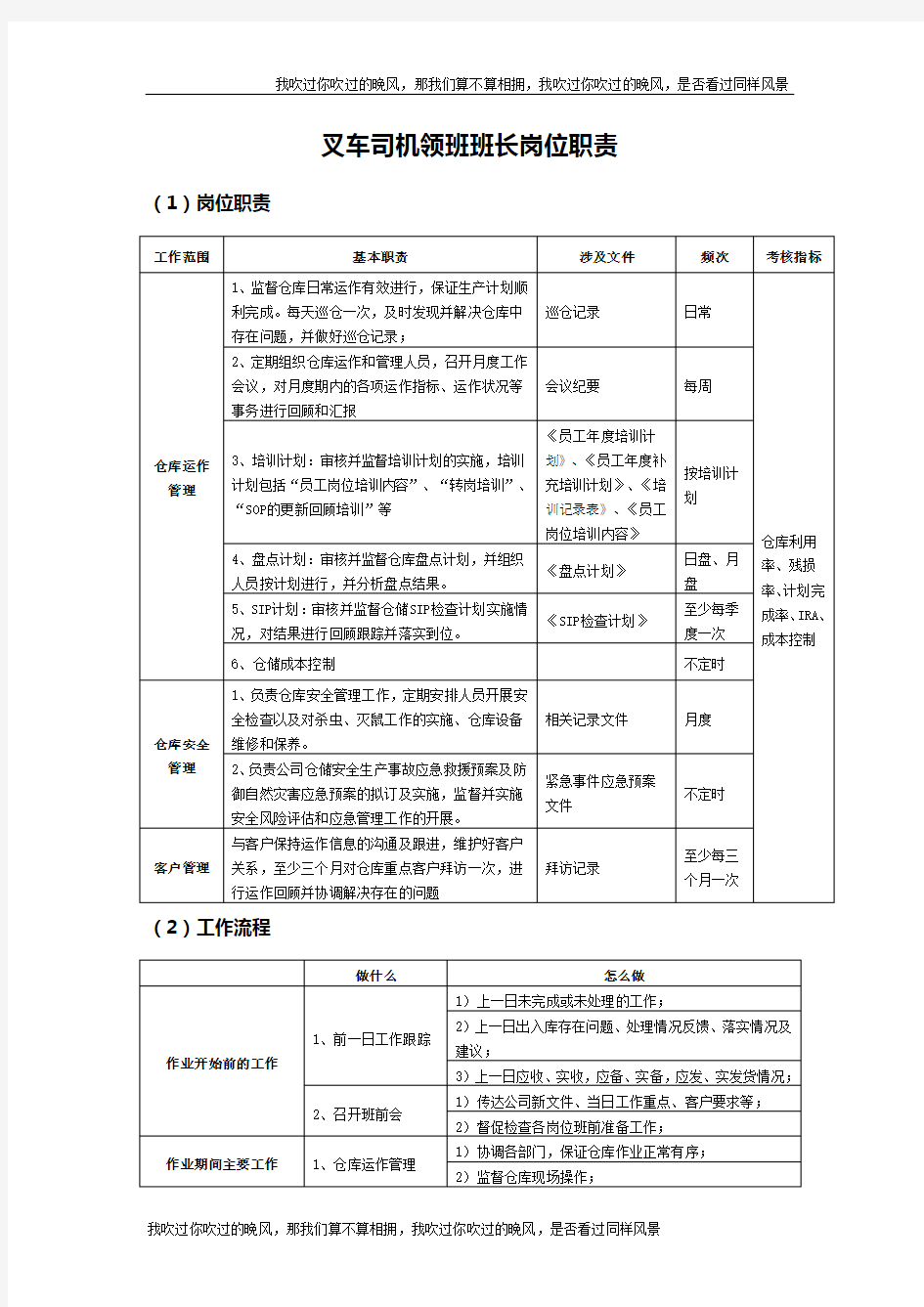 叉车司机领班班长岗位职责