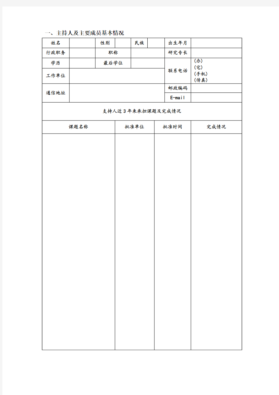 主持人及主要成员基本情况模板表